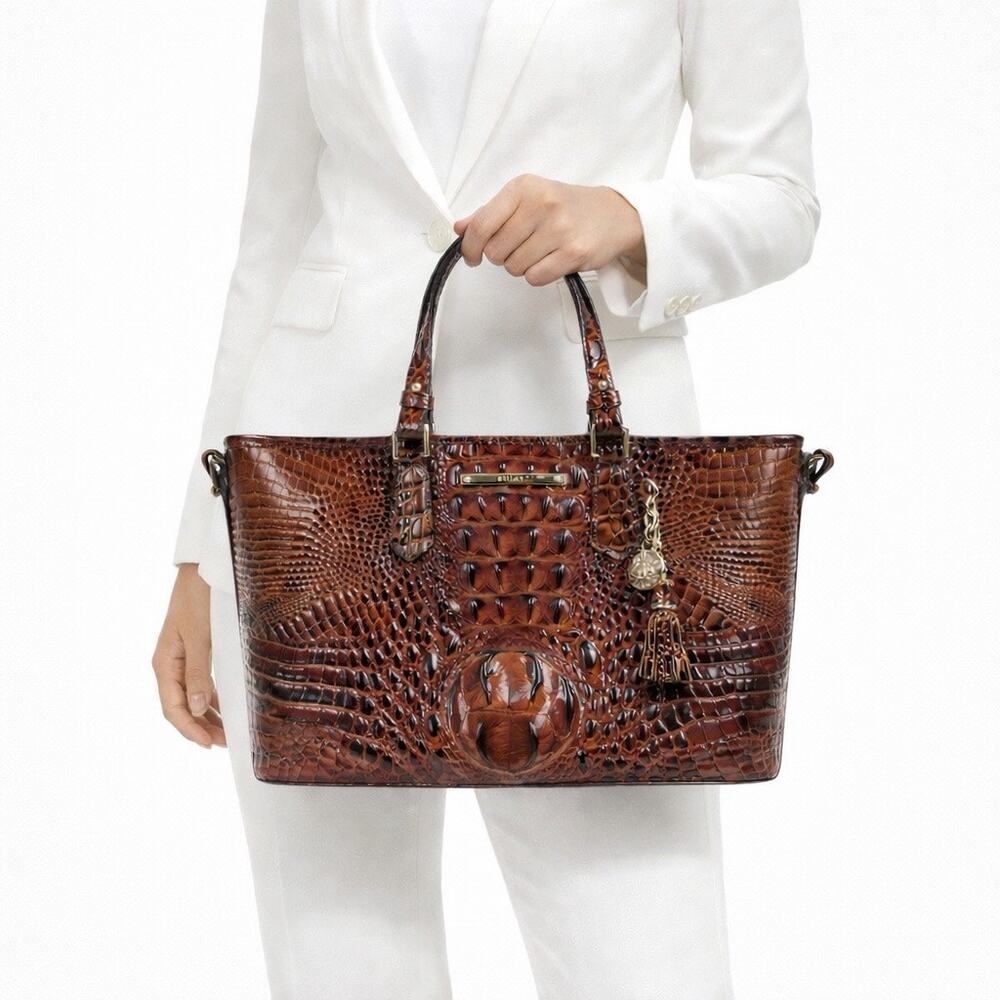 Brahmin Mini Asher Tote Satchel Bag Pecan Melbourne Brown Croc Embossed
